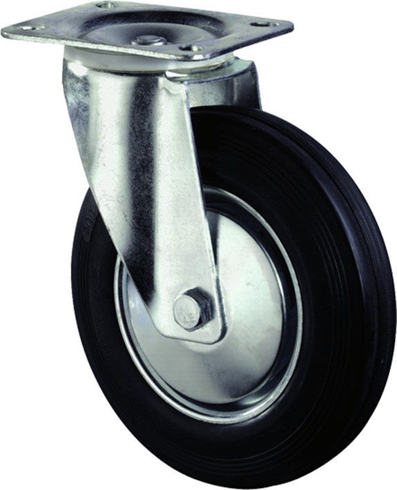 Zwenkwiel, zwart rubber wiel met stalen velg en rollager, 70kg 100mm