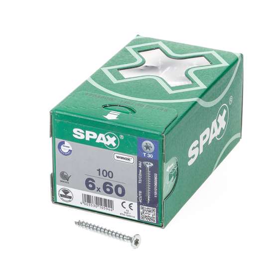 Afbeeldingen van Spax Spaanplaatschroef platverzonken kop verzinkt T-Star T30 6.0x60mm (per 100 stuks)