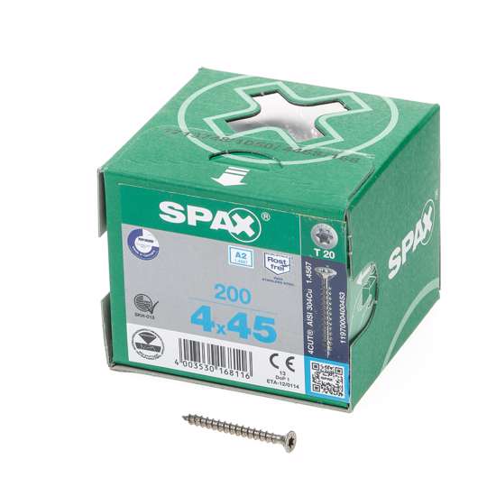 Afbeeldingen van Spax Spaanplaatschroef platverzonken kop RVS T-Star T20 voldraad 4.0x45mm (per 200 stuks)