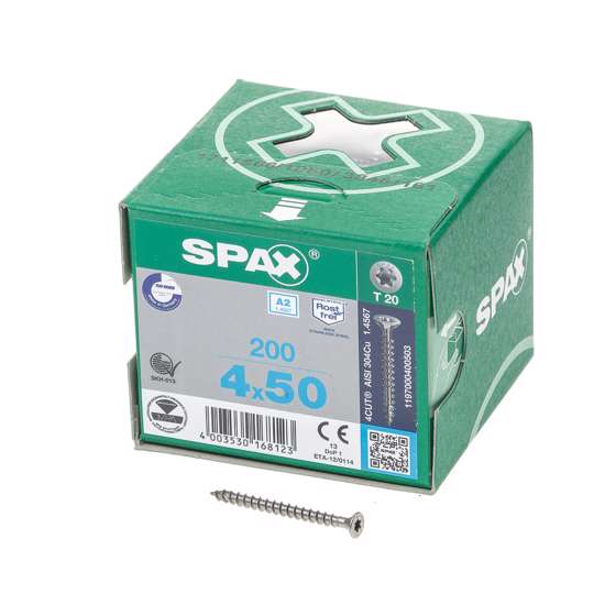 Afbeeldingen van Spax Spaanplaatschroef platverzonken kop RVS T-Star T20 voldraad 4.0x50mm (per 200 stuks)