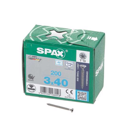 Afbeeldingen van Spax Spaanplaatschroef platverzonken kop RVS T-Star T10 voldraad 3.0x40mm (per 200 stuks)