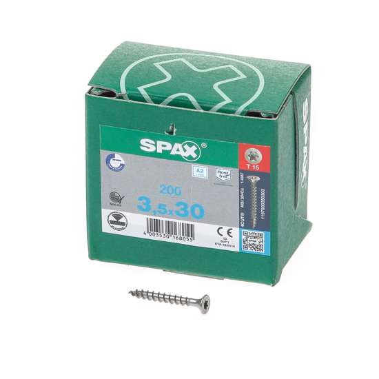 Afbeeldingen van Spax Spaanplaatschroef platverzonken kop RVS T-Star T15 voldraad 3.5x30mm (per 200 stuks)