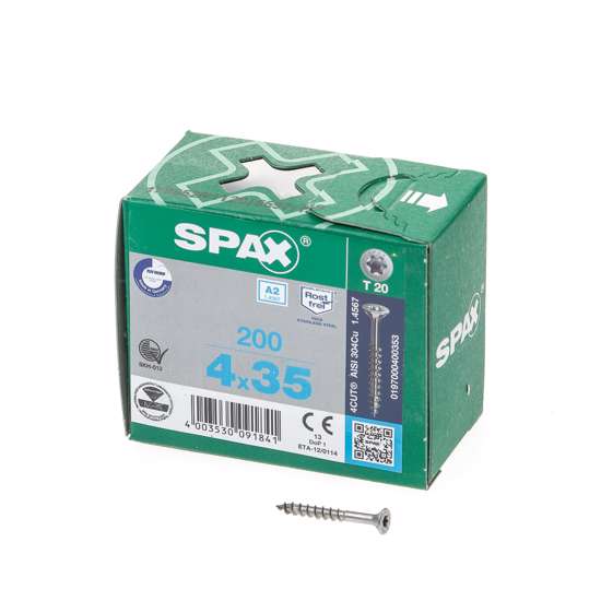 Afbeeldingen van Spax Spaanplaatschroef platverzonken kop RVS T-Star T20 deeldraad 4.0x35mm (per 200 stuks)