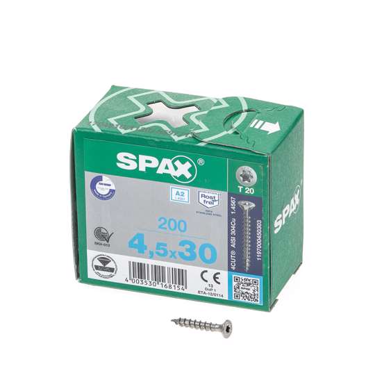 Afbeeldingen van Spax Spaanplaatschroef platverzonken kop RVS T-Star T20 voldraad 4.5x30mm (per 200 stuks)