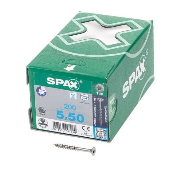 Afbeeldingen van Spax Spaanplaatschroef platverzonken kop RVS T-Star T20 deeldraad 5.0x50mm (per 200 stuks)